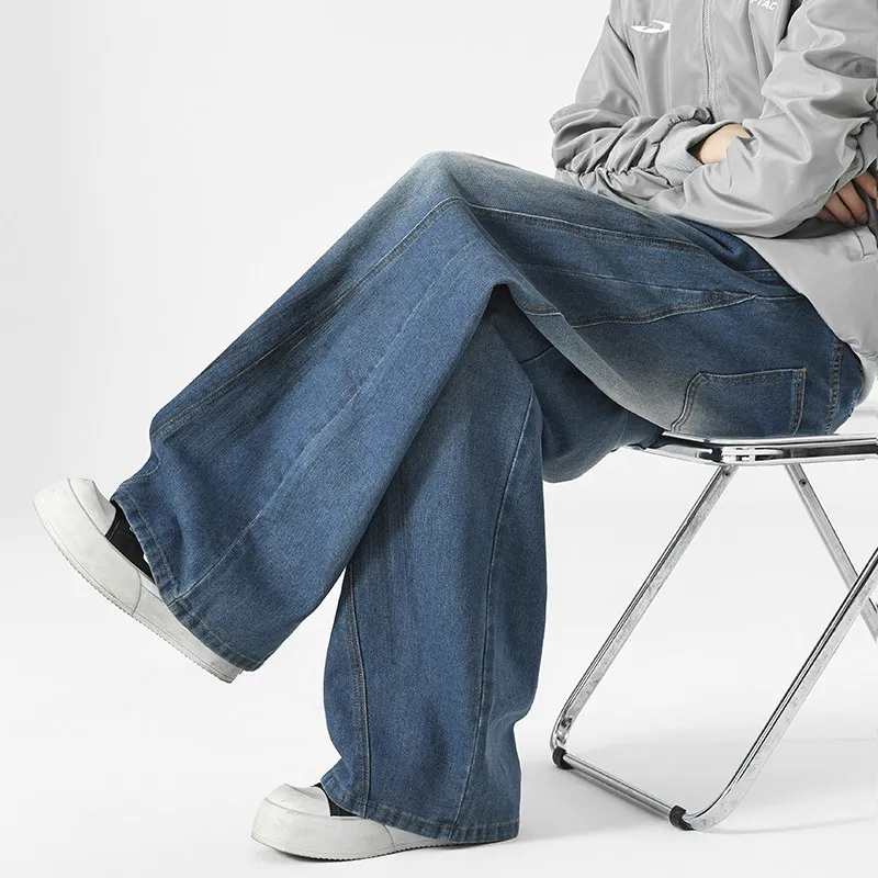 

Мужские широкие джинсы American High Street: Новинка весны, свободные, струящиеся, длинные брюки из смесового хлопка, ветрозащитные, повседневные