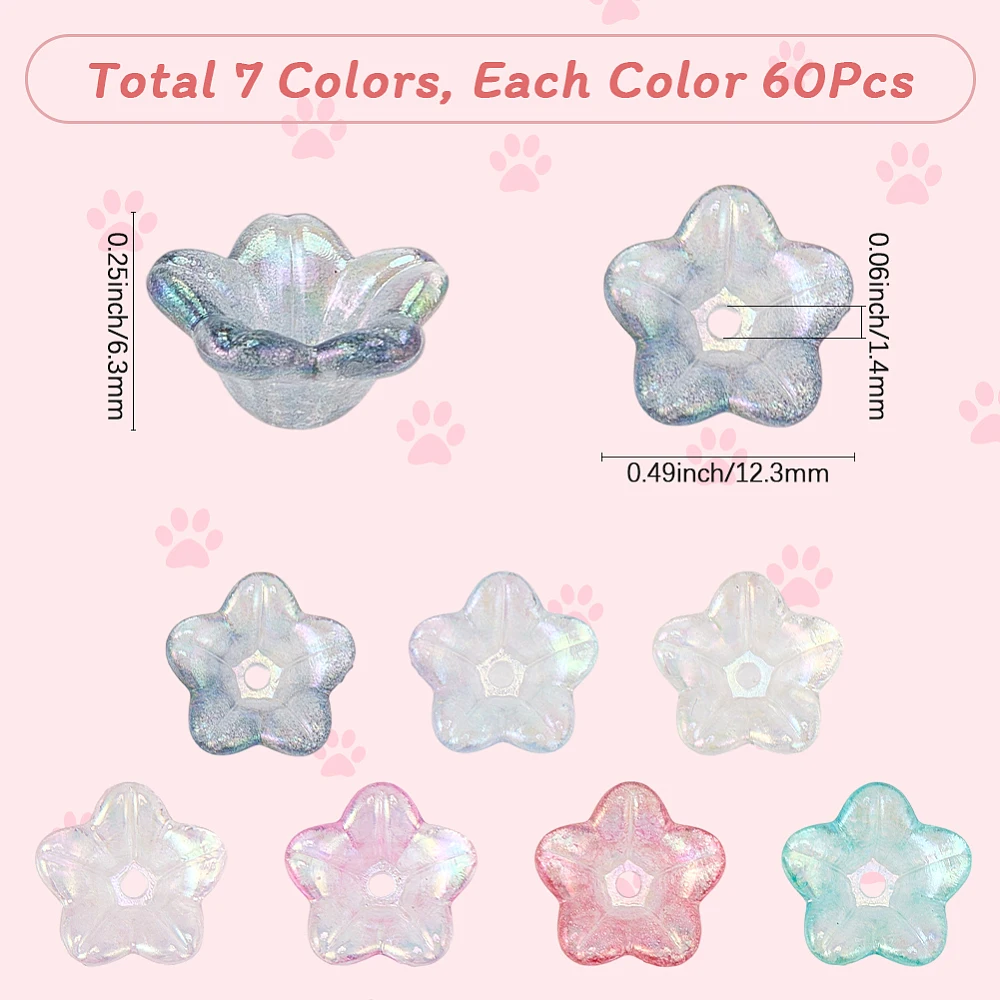 6 Colors 420Pcs Flower Caps beads Floral Bead Caps Bulk Loose Acrylic Plastic AB Plated Shiny 5 Petals Colorful Spacers