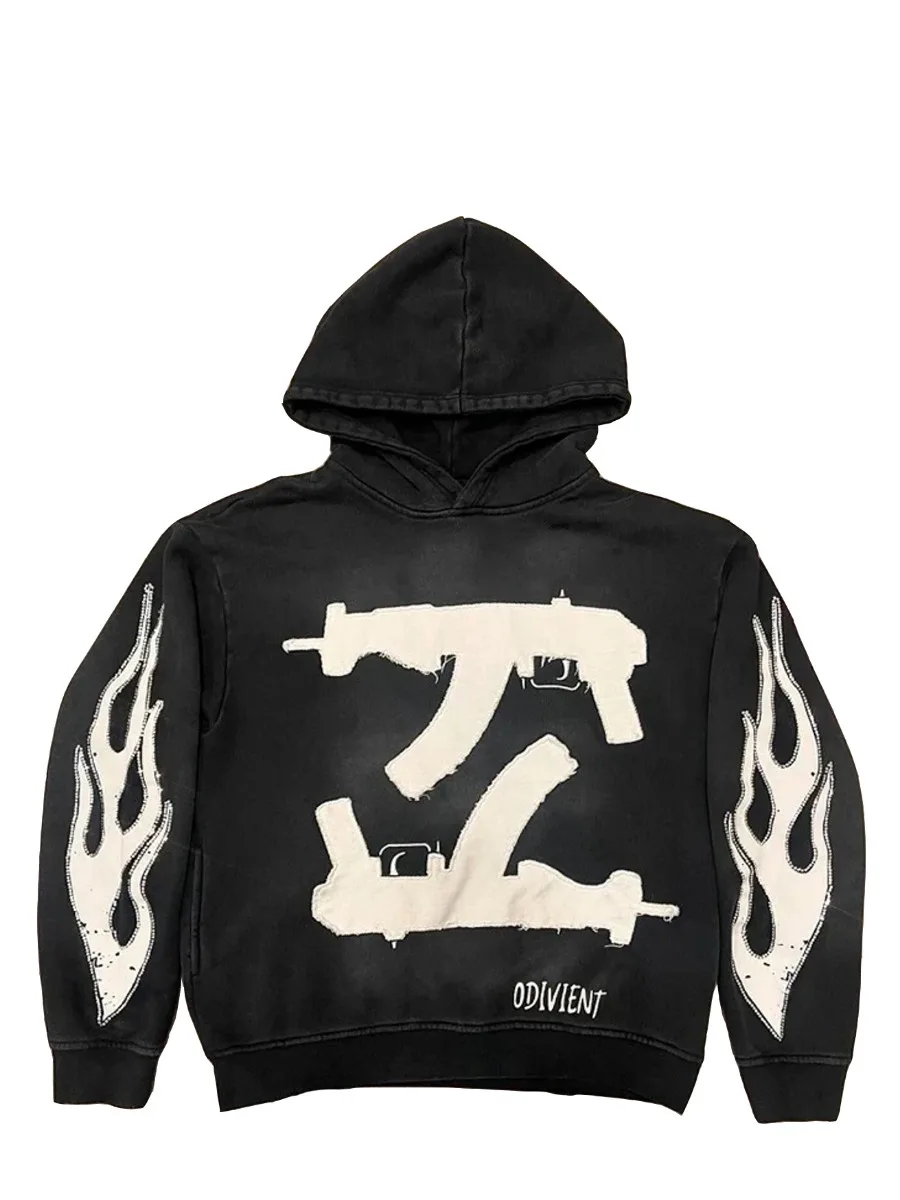 Patchwork doble patrón de pistola de manga larga Sudadera con capucha suéter americano Y2k moda High Street Sudadera con capucha