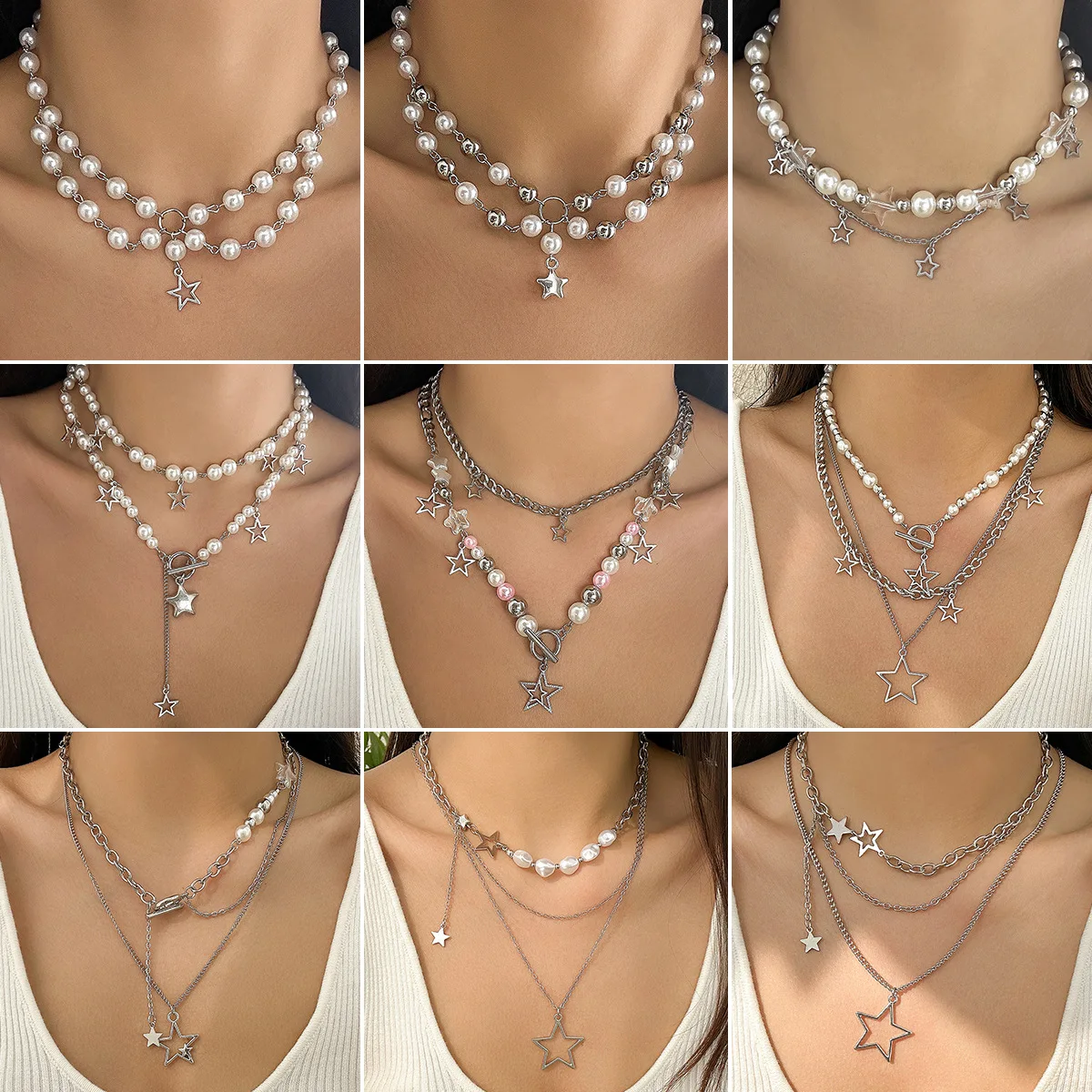 Star Pendant Choker Necklace Faux Pearl Beaded Metal Round Beads Chunky Bold Hip Hop Style Lightweight Durable for Daily Night