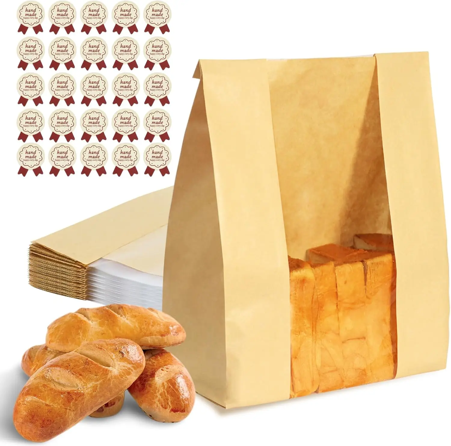 

25PCS Paper Bread Bags with Window, 13.7x8.3x3.5in for Homemade Sourdough, Includes Stickers