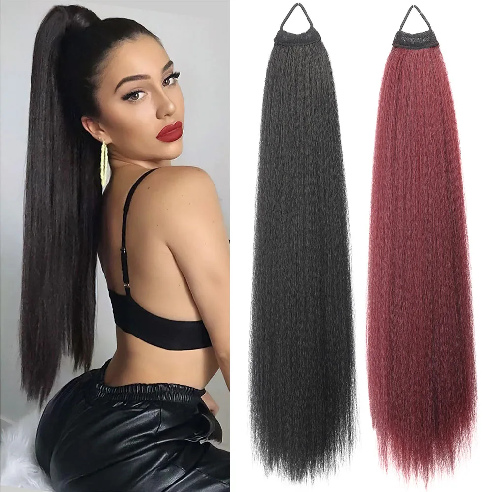 Versatile Elastic Band Black Ponytail Extension for Women 27 Inches Long Straight Soft Natural Synthetic Pony Tails-Black