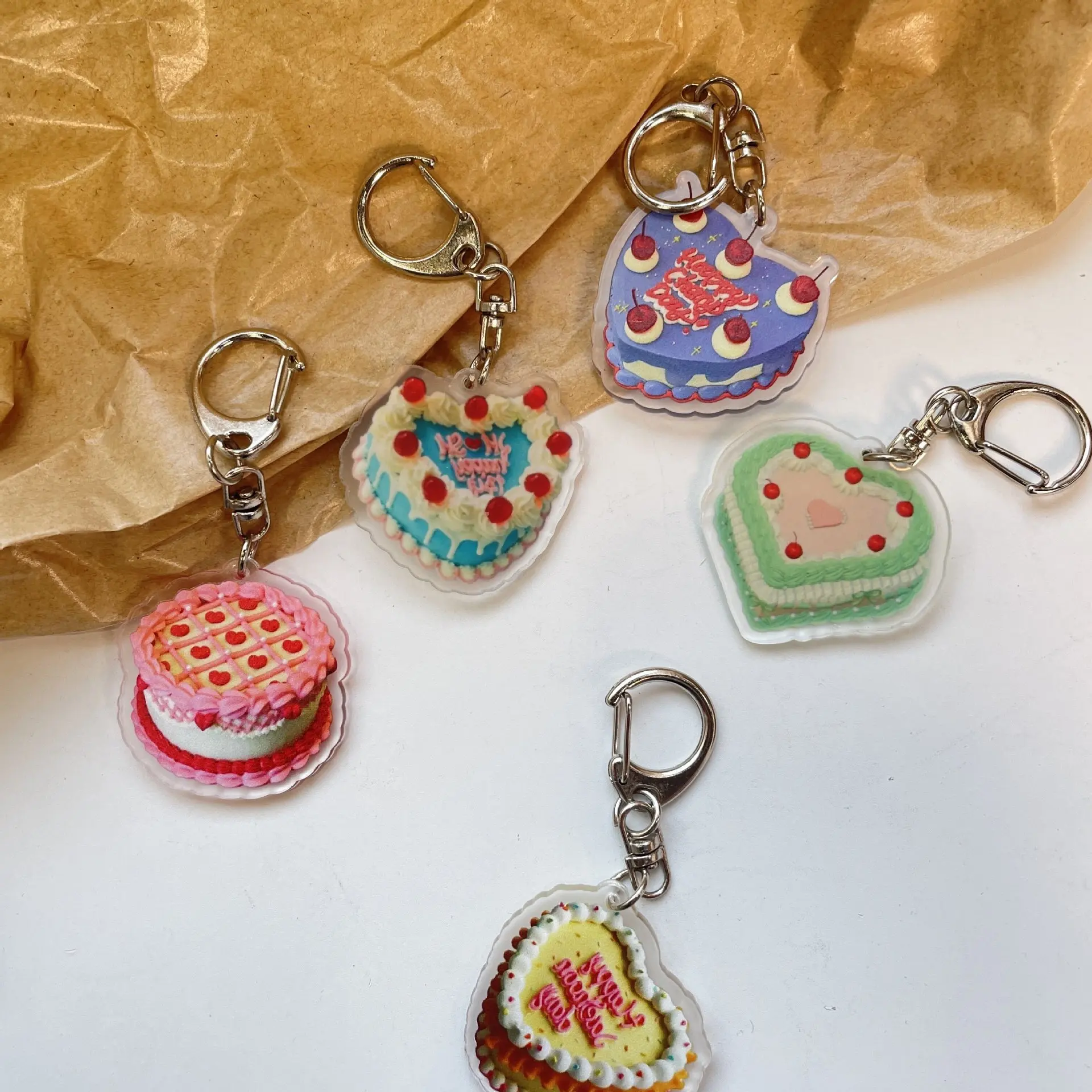 INS Birthday Cake Shape Keychain Acrylic Cake Pendant Couple Backpack Key Chain Earbud Case Accessories Jewelry Creative Gifts