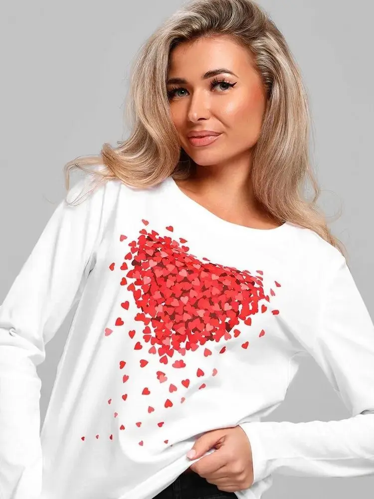 Cienka bluza damska z długim rękawem, 100% bawełna, słodka, estetyczna, czerwona, urocza, z nadrukiem serca, top Y2K, duży rozmiar.