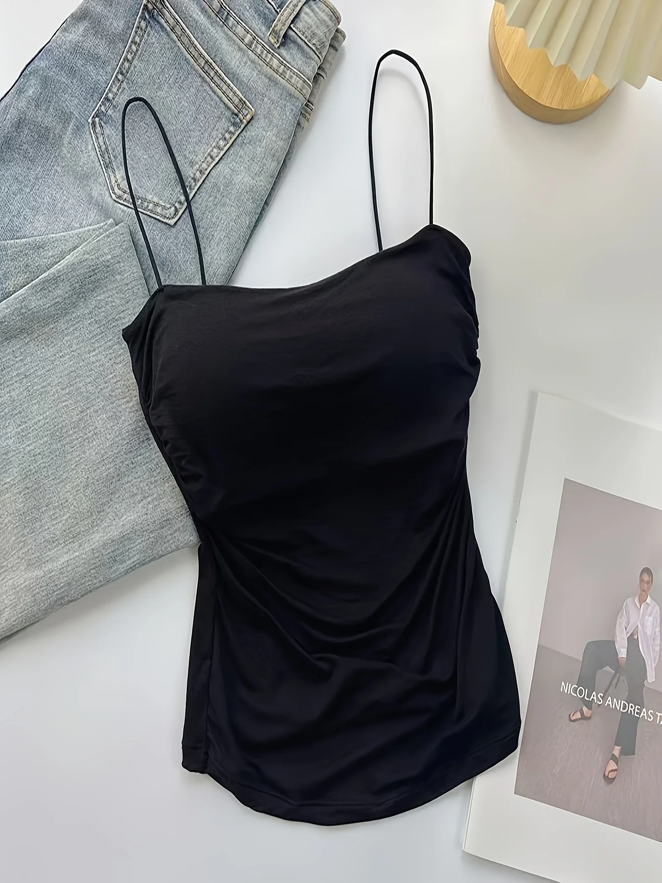 Women's Sleeveless Pleated Camisole Top - Sexy Slim Fit Summer Fashion, Korean Style Solid Color Stretch Blend Comfortable Casual Wear