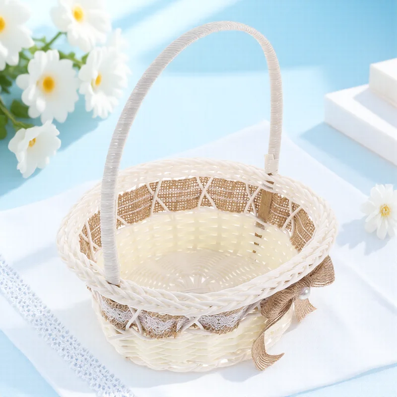

Round Petal For Wedding Handmade Imitation Rattan Small Flower Basket Lace Design Rustic Handle Storage Basket Lightweight