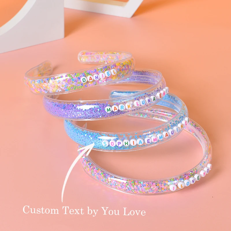Przezroczyste opaski na głowę Quicksand dla dzieci Dzieci Dziewczynki Brokatowe cekiny Spersonalizowane opaski do włosów Bezel Hair Hoop
