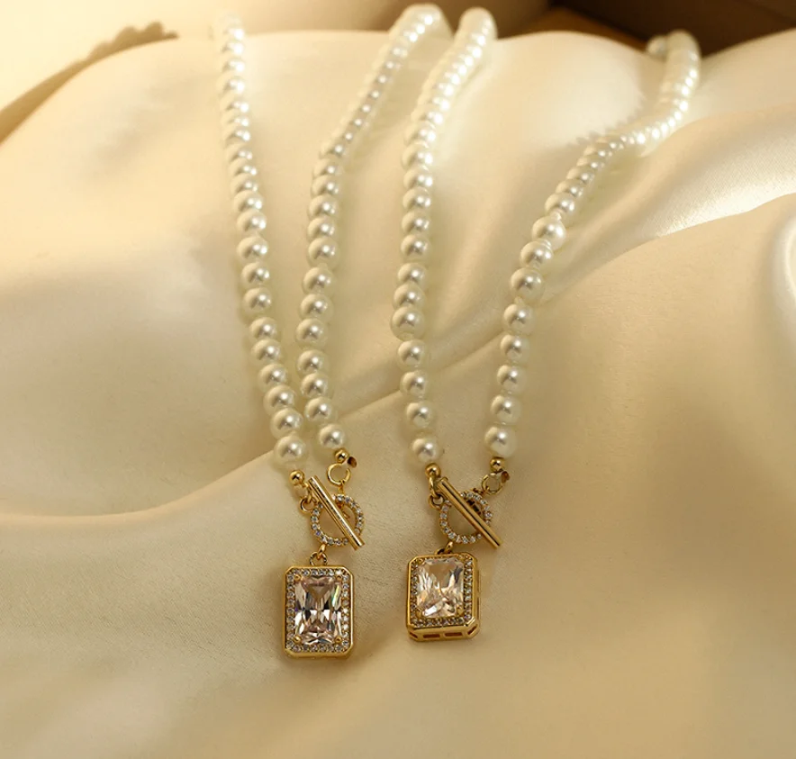 Simple artificial pearl Zircon Pendant design vintage wedding party Necklace for women Fashion Jewelry