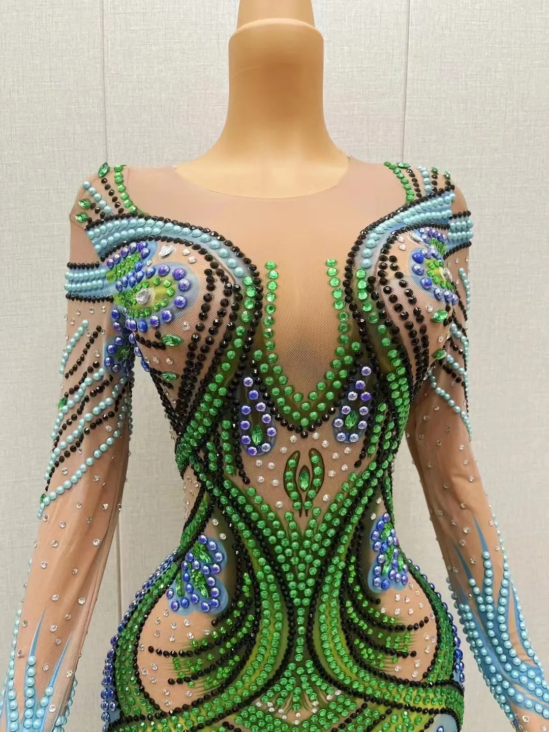 Vestido transparente desnudo con perlas azules brillantes y diamantes de imitación verdes, disfraz de celebración de cumpleaños, vestido de actuación de baile nocturno