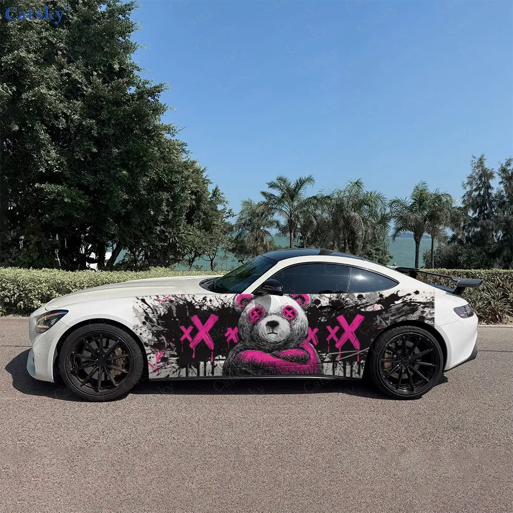 2pcs Hip-Hop Panda Pink Ink Splash Car Side Wraps, Self-Adhesive PVC Waterproof & Scratch-Resistant Stickers, Car Accessory Gift
