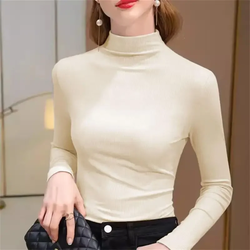 Women's Elastic Half High Collar T-Shirt Solid Ribbed Tops Long Sleeve Tight Bottom Basic Shirt Casual Clothing Autumn