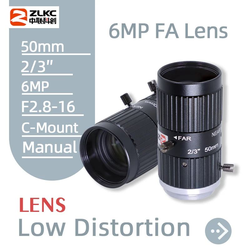 

ZLKC FA Lens 50mm C Mount 2/3 Inch Low Distorsion 6 MP Manual Iris F2.8 Machine Vision CCTV Parts Macro Lenses for Basler Camera