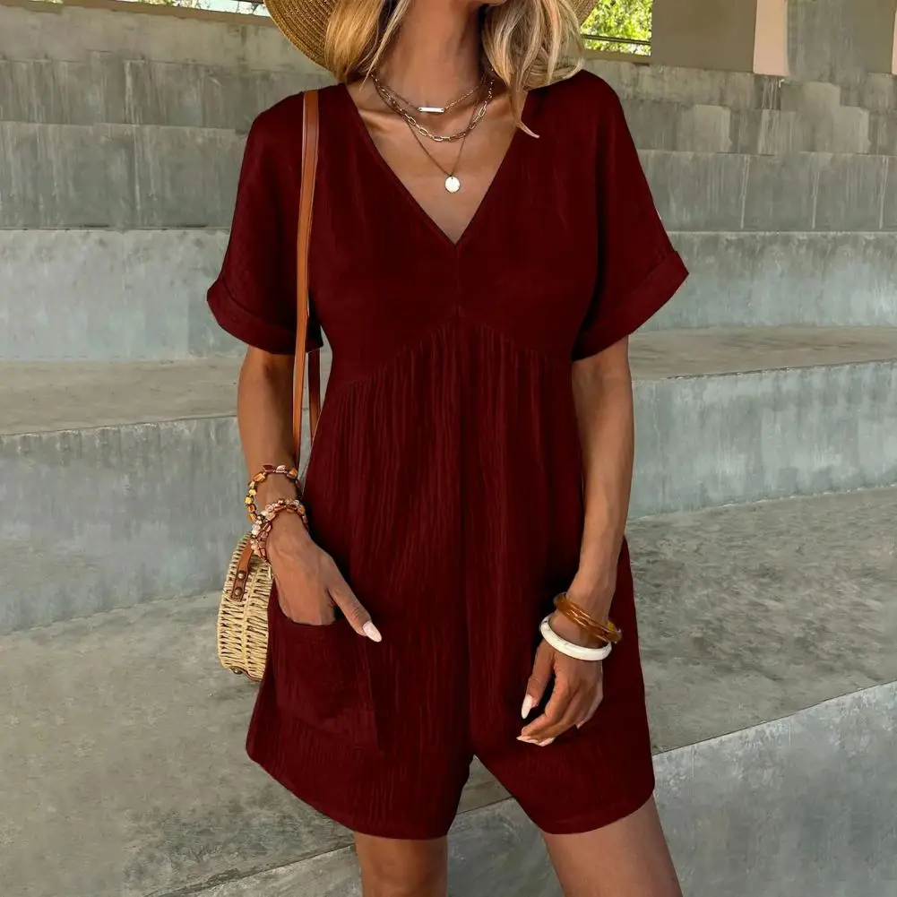 Women One-piece Romper Stylish Summer Women's Romper with V Neck Bat Sleeves Patchwork Pockets Casual Beachwear for A Chic Look