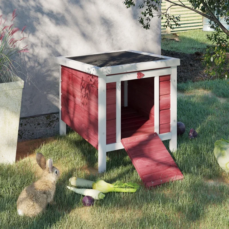 

Small Wooden Rabbit Hutch Bunny Cage Guinea Pig Cage Duck House Dog House with Openable & Waterproof Roof, Red