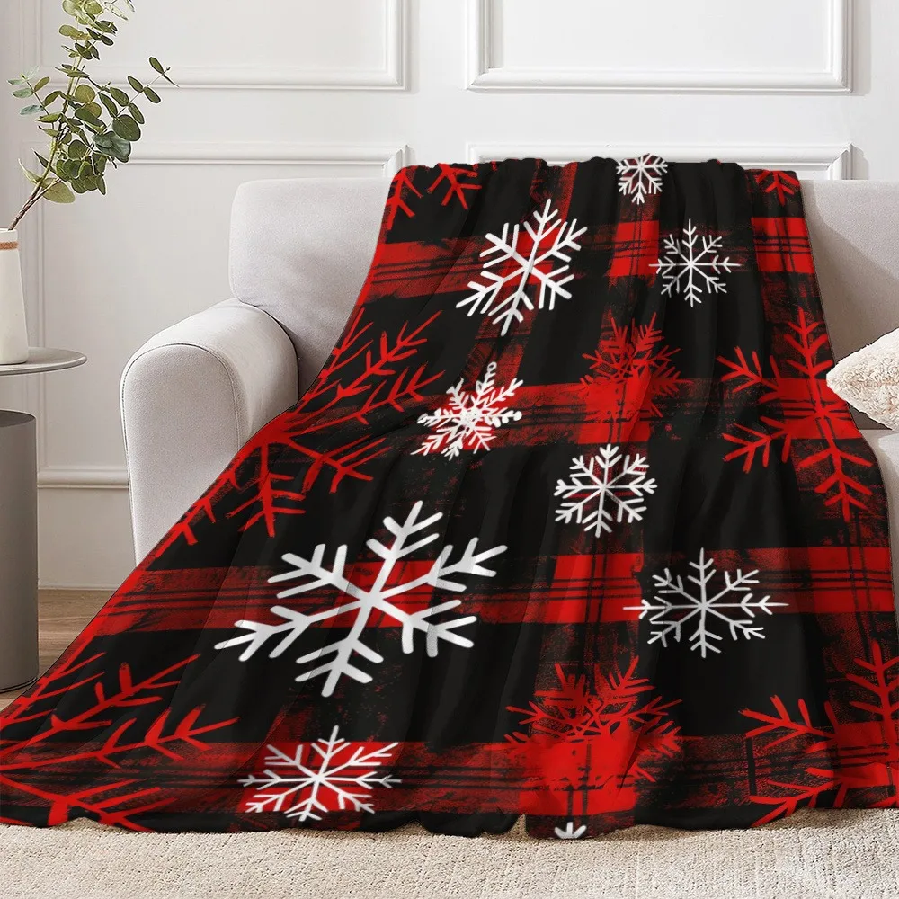 1pc Red & Black Snowflake Plaid Blanket ,Sofa, bed, travel, lunch break, flannel blanket.