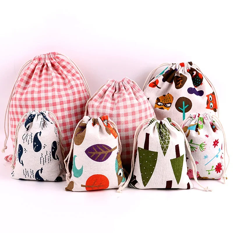 Pet Toys & Snacks Storage Cotton Linen Fabric Pouch Drawstring Bag Cute Kids Travel Cloth Shoes Storage Bag Makeup Case Gift Bag