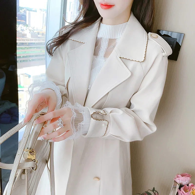 

Woman Trench Coat Fall Winter Layered Body Kaki Appearance Color-Blocking Wash Resort Anti-Splash Petite-Friendly Deep Laced Ins