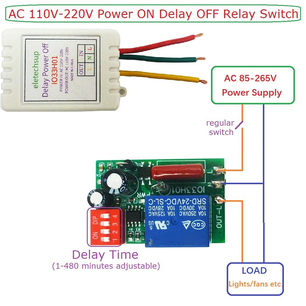 AC 110V 220V Timer Adjustable Disconnect Delay Controller 1-480Min Timer Power-ON Delay OFF Relay Switch 7A Voltage Output