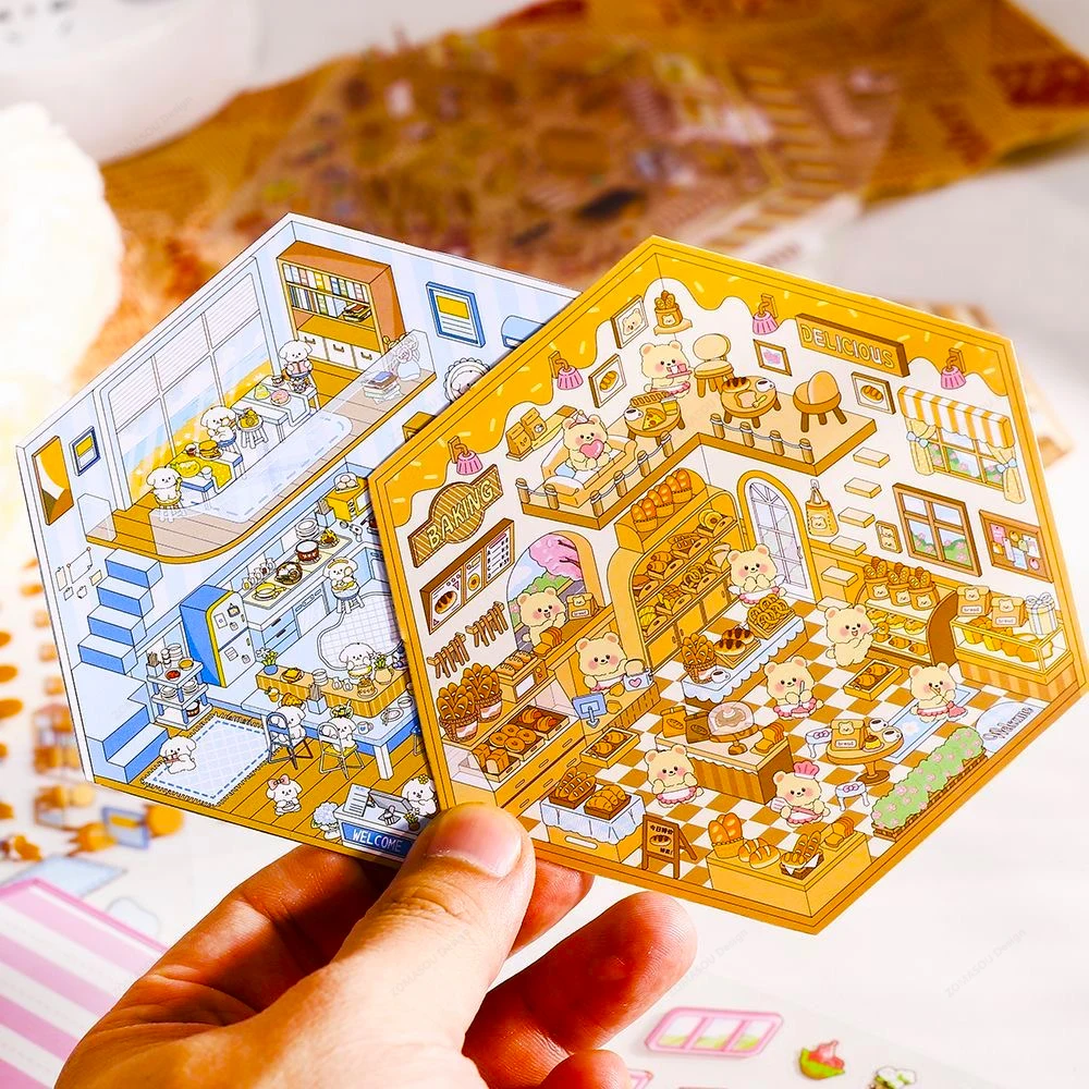 بالجملة! 3D PET ملصق المناظر الطبيعية لطيف الكرتون جيب المشهد DIY المقصورة ملصقات التراص حساب اليد هدية للطفل الطفل