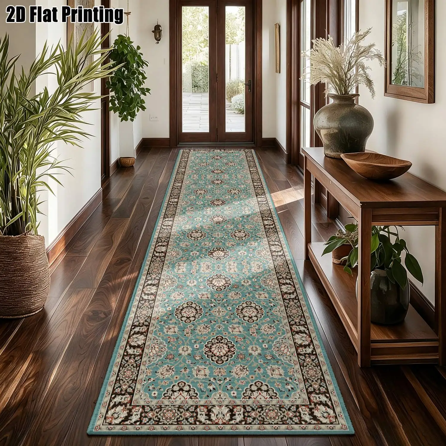 1Pc 2D Printed Long Strip Rug: Blue Floral, European, Retro, Geometric Stripe, Home Decor, Multi-Size, Machine Washable, for Corridor, Entrance, Living Room, Bedroom