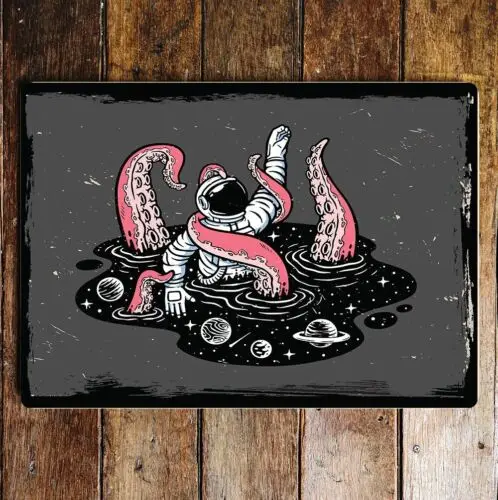 Pink octopus sea creature space man  metal sign plaque