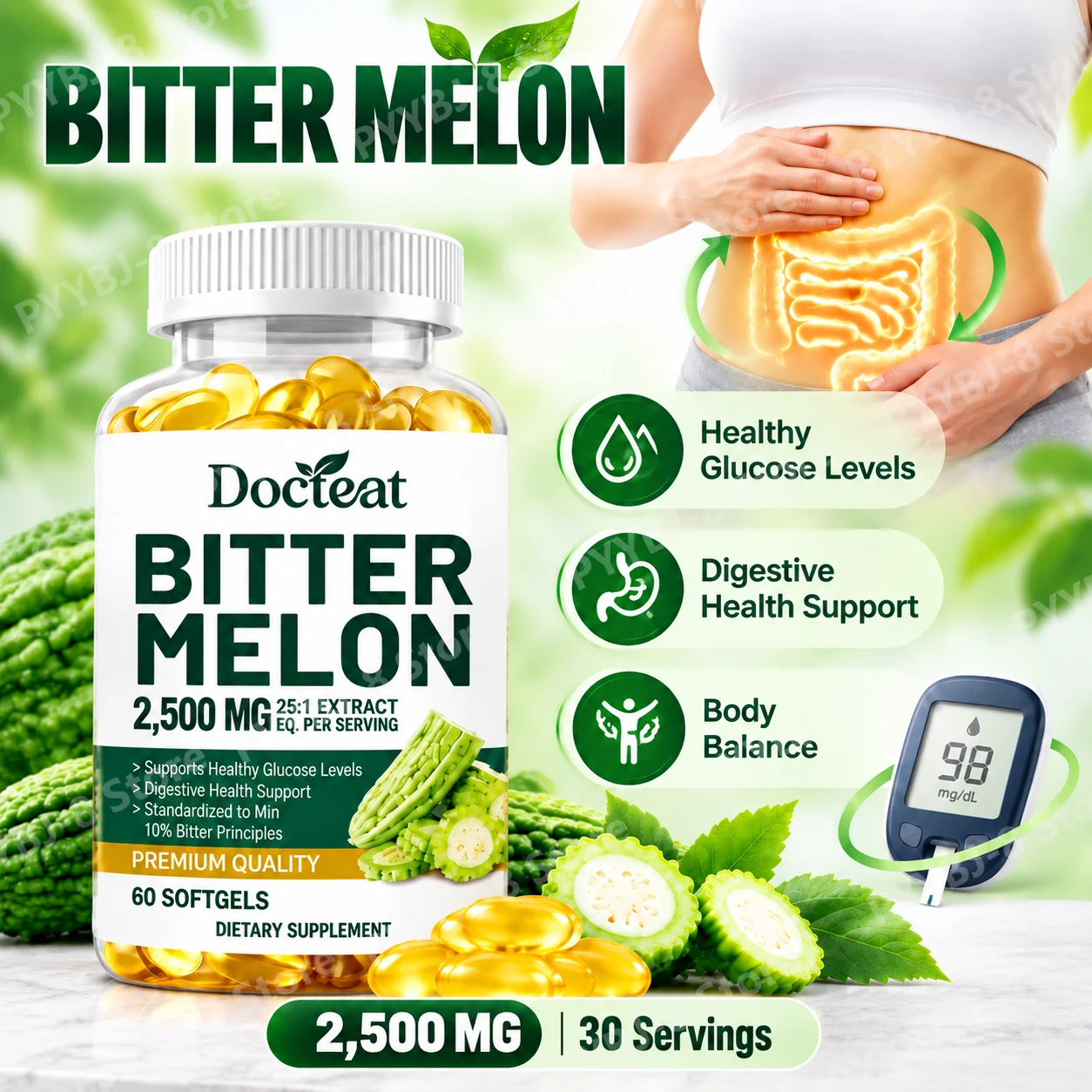 Bitter Melon Softgels, Support Healthy Glucose & Digestive Health & Body Balance, Bitter Melon Extract 2500mg 60 Softgels
