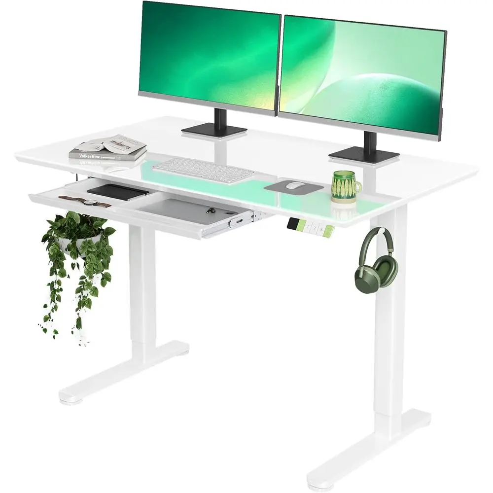 48×24 Inch Super White Glass Standing Desk with Ders | Tempered Glass Top, Ergonomic, Adjustable Height, Stand Up Desk,4 Memory