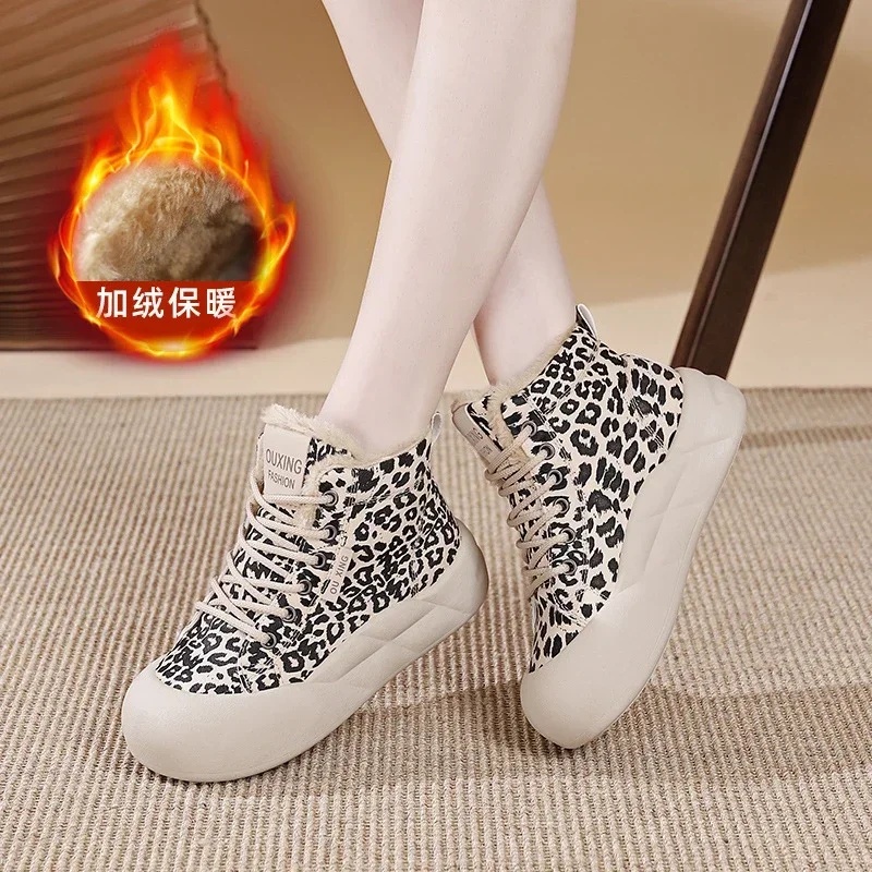 Winter Print Snow Cotton Shoes Women\'s Outdoor Leopard Casual Sports Velvet Cotton Shoes Thick-soled Warm Fur Boots Comfortable