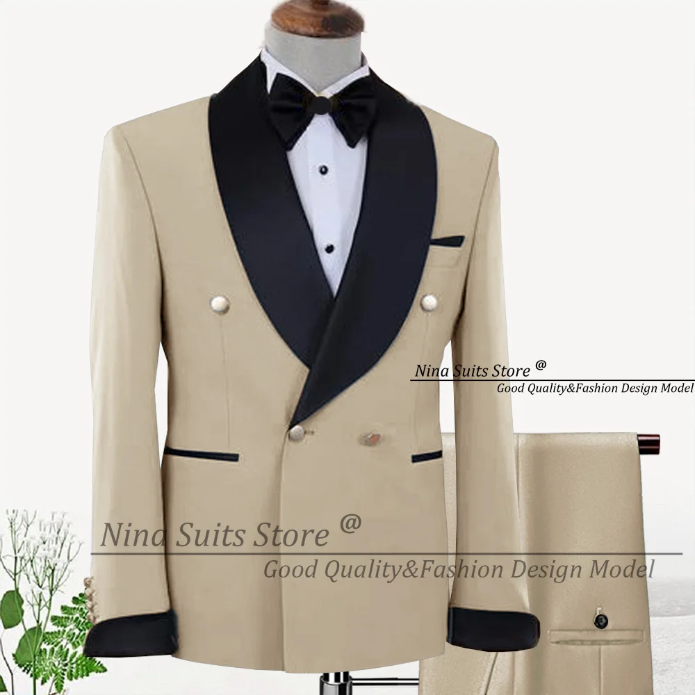 

Nina Store, мужские костюмы на заказ, двубортный бежевый свадебный костюм жениха, осень 2024, черный пиджак с манжетами и лацканами, комплекты брюк