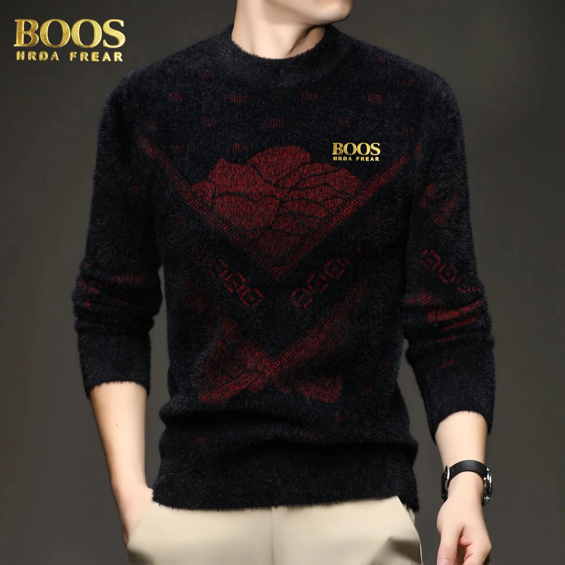 الشتاء الرجال الثقيلة تقليد المنك المخملية سترة تدفئة قاع قميص طويل الأكمام جولة الرقبة بالإضافة إلى سترة سميكة المخملية #1