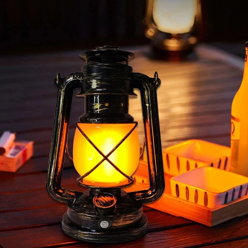 Rechargeable Retro LED Camping Light Portable Horse Lantern 3 Lighting Modes Outdoor Kerosene Camp Lamp Hanging Tent Light