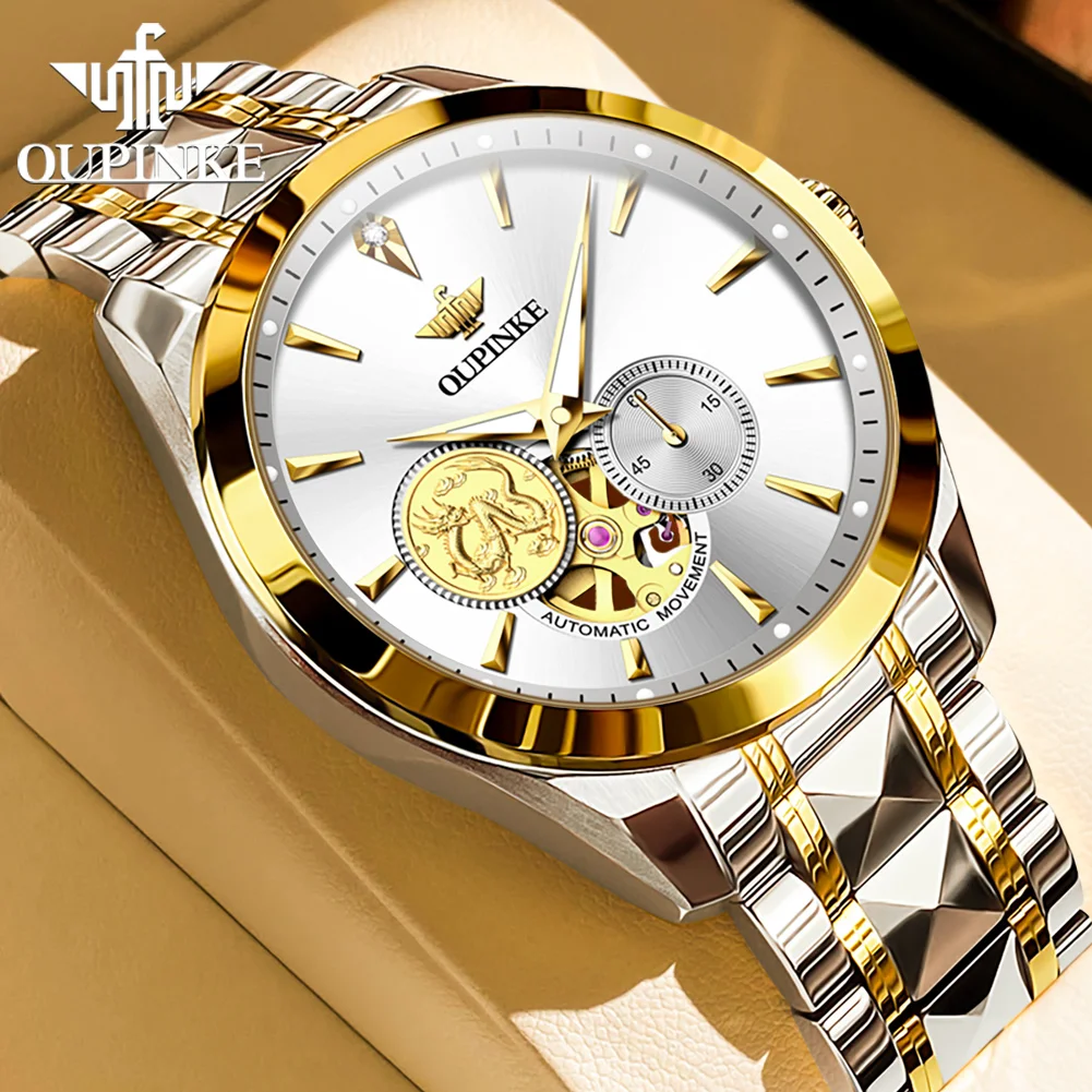 OUPINKE 3260 Automatic Men's Watch Original Stainless Steel Luxury Fashion Hollow Real Gold Real Diamond Dragon Watches for Man