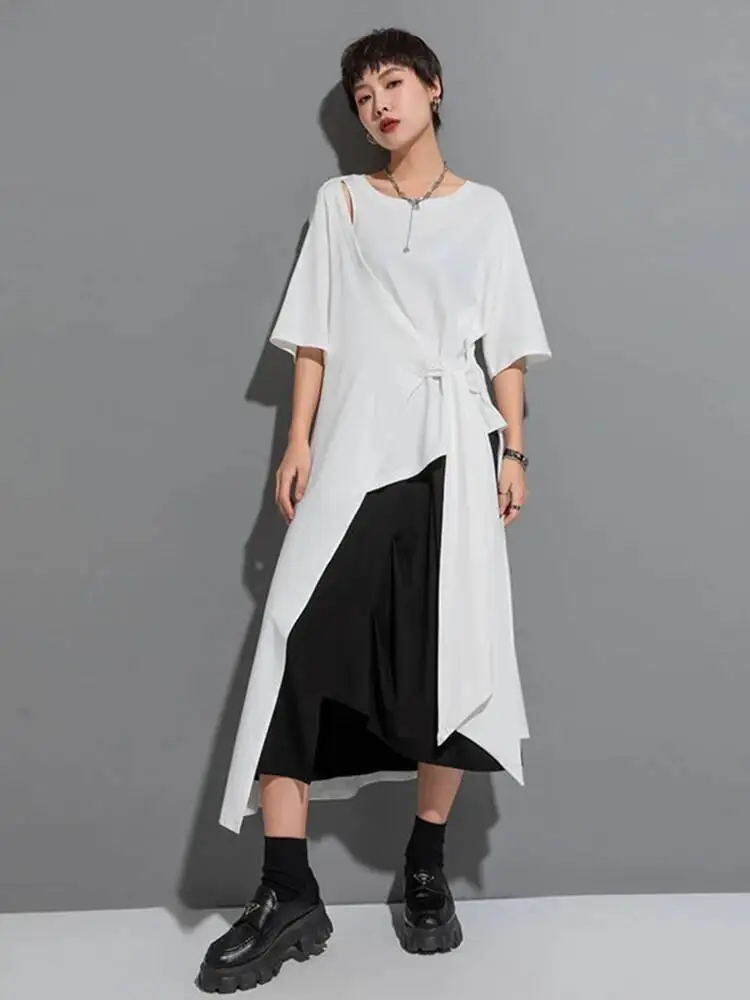 Irregular Women Hem White Big Size Long T-shirt New Round Neck Short Sleeve Fashion Spring Summer 2026 1DG03