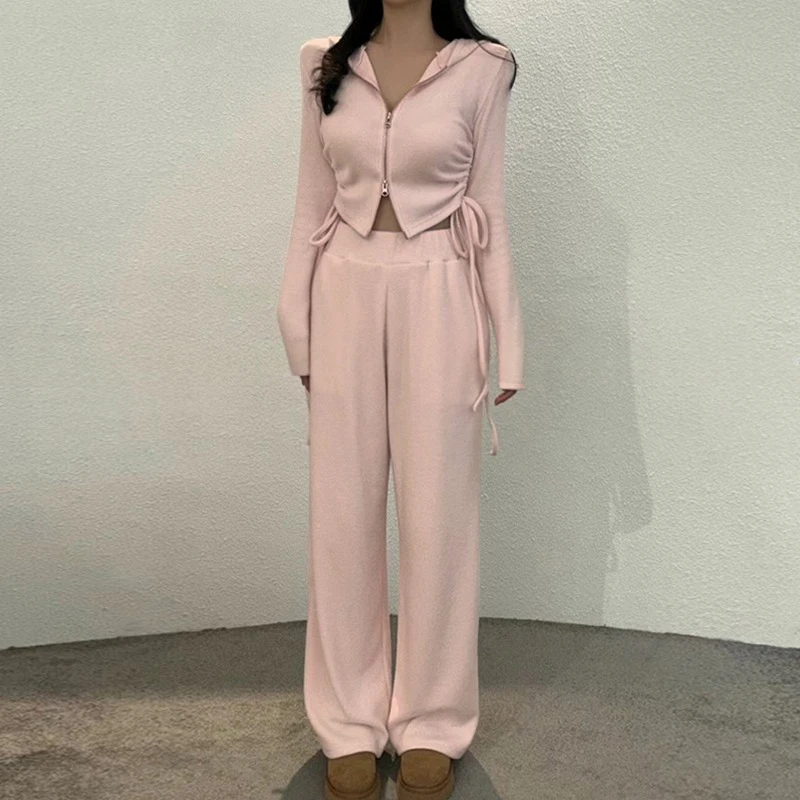 2026 Korean Dongdaemun 2PC Set Elegant Lady Drawstring Ruched Hoodie Sexy Slim Fit Crop Tops+Women's Casual Pants Outfit