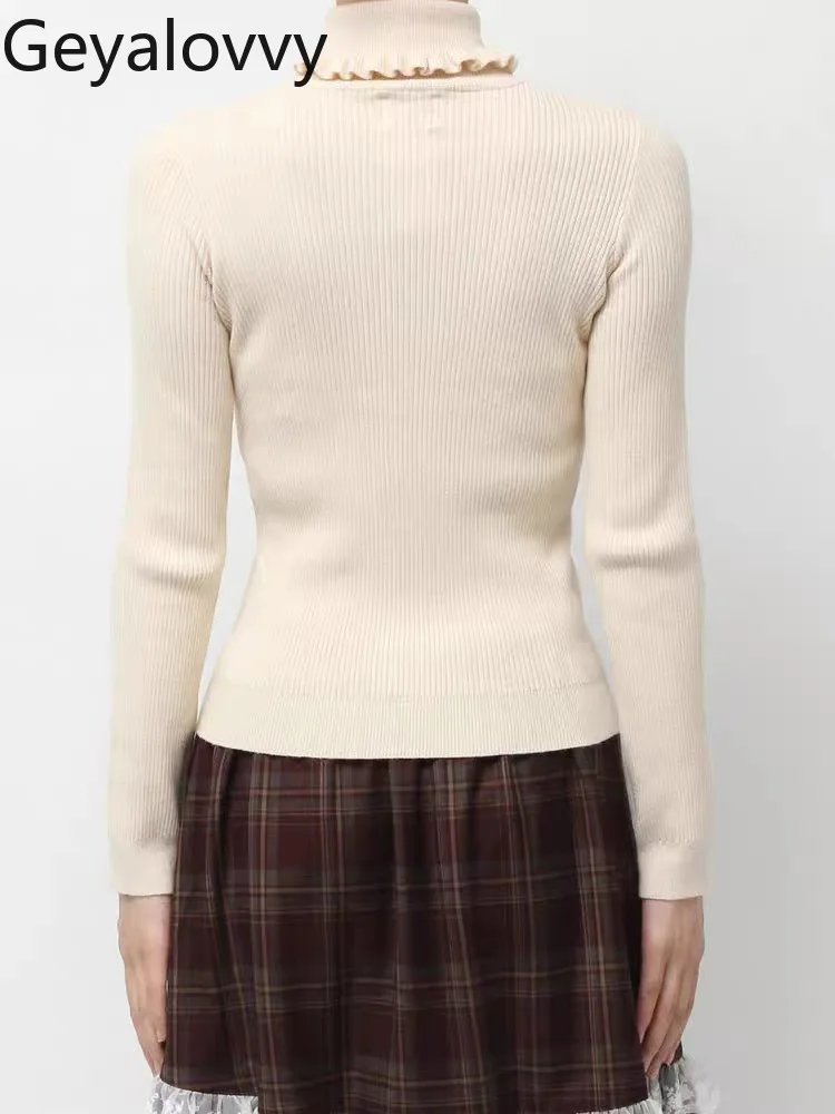 Pull polyvalent à Base de couleur unie pour filles, doux, polyvalent, mignon, bord à volants, haut tricoté fin, nouvelle collection automne hiver