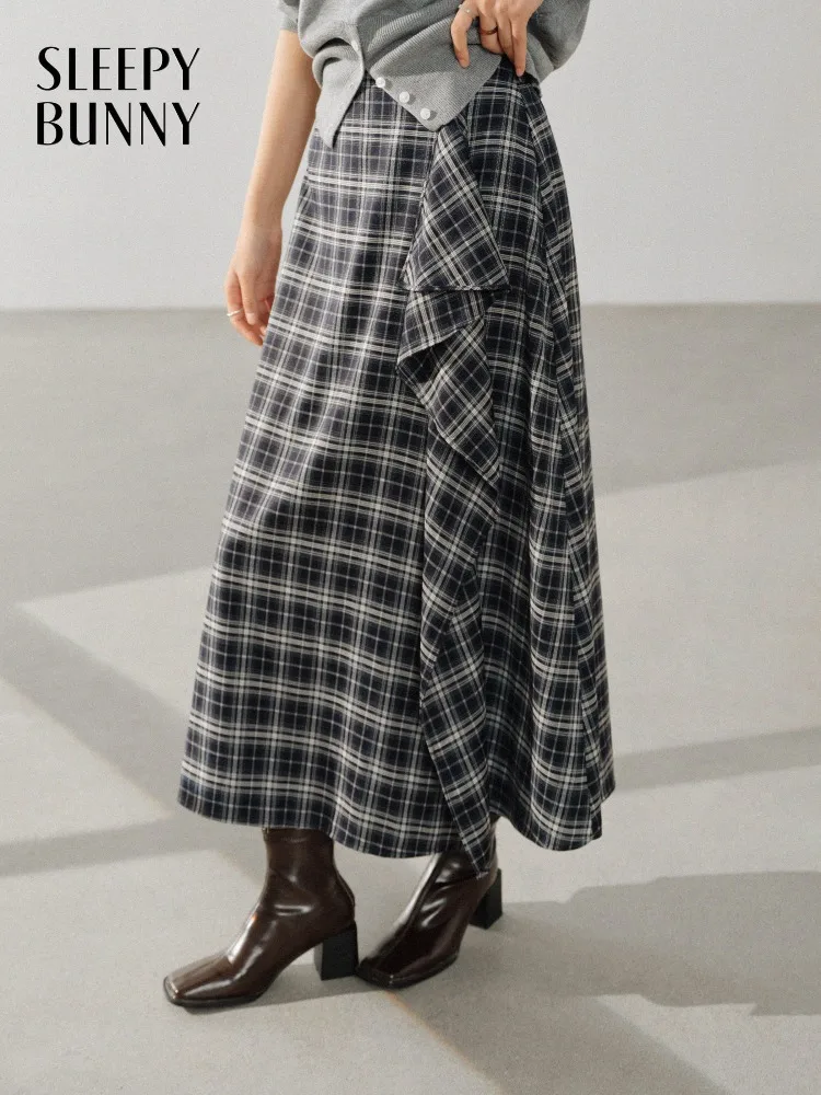 Preppy Plaid Skirt Women High Waist A-line Midi Skirt Elegant Asymmetric Flared Design Vintage Checkered Skirt for Autumn Casual
