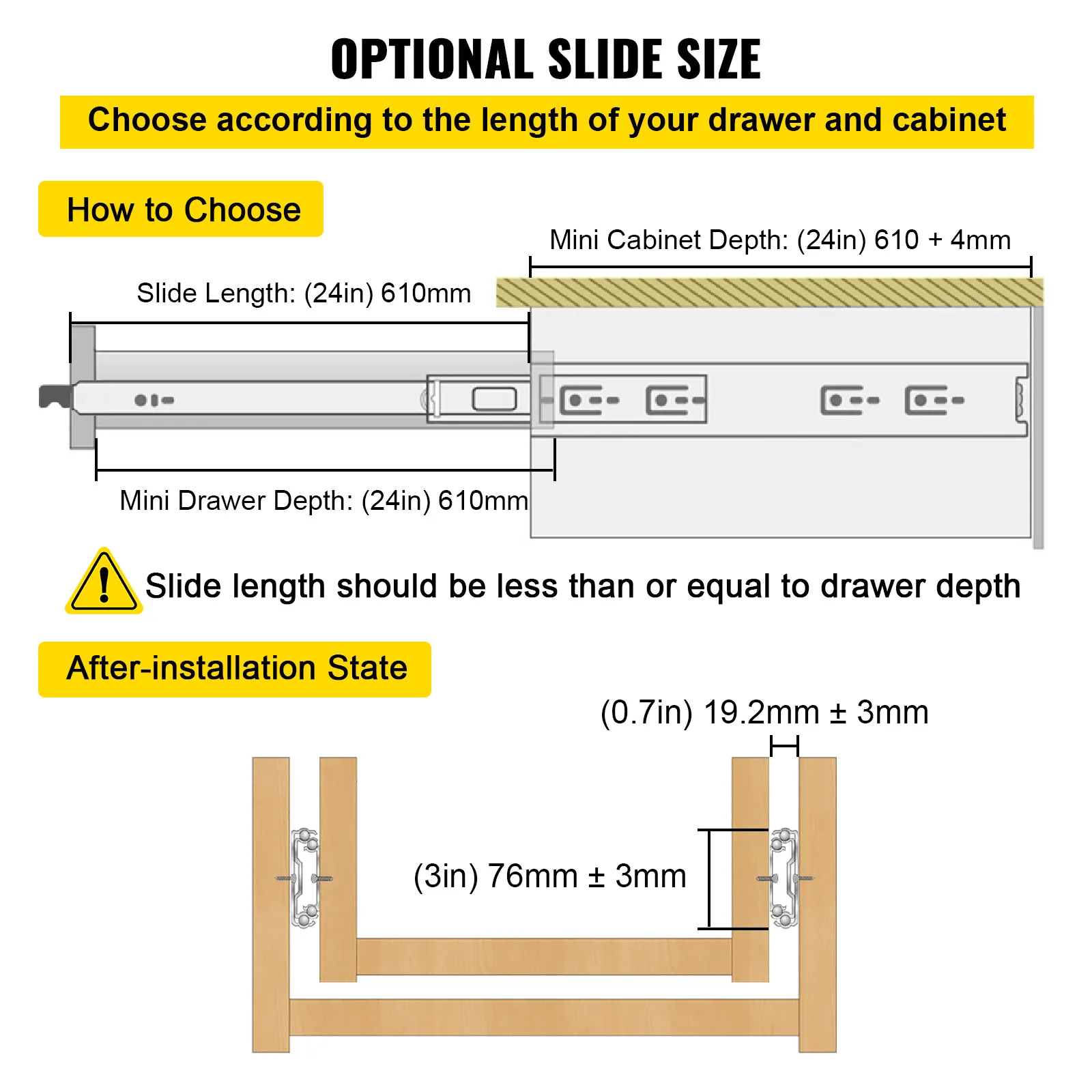 VEVOR Guías para Cajones 2PCS Rieles para Cajones 61x5,3x1,92cm Carriles para Cajones Acero Laminado en Frío Carga 113kg Correderas para Cajones Guías Laterales para Cajones con Rodamiento de Bolas