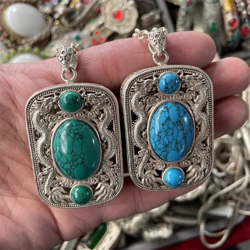 Tibetan Silver Tone Double Dragon Turquoise Pendant Ethnic Vintage Layering Statement Necklace