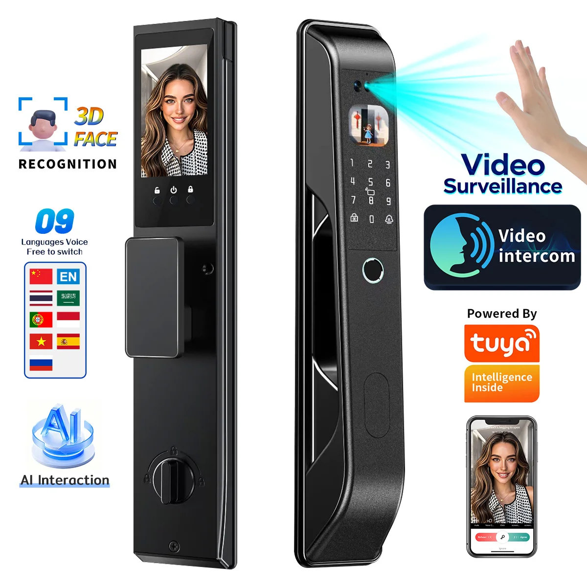 Compatible with Tuya WiFi Remote Smart Lock, AI Voice Control Digital Door Lock, Built‑in Video Doorbell, Multi‑Language Support