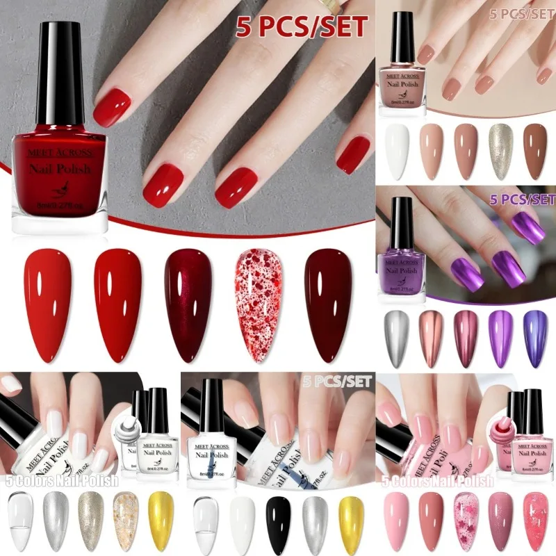 5Pcs/Set 8ml Red Brown Glass Bottle Gel Nail Polish Set NoWipe Top Soak Off UV LED Nail Lacquer Glitter Color Art Nail Polish