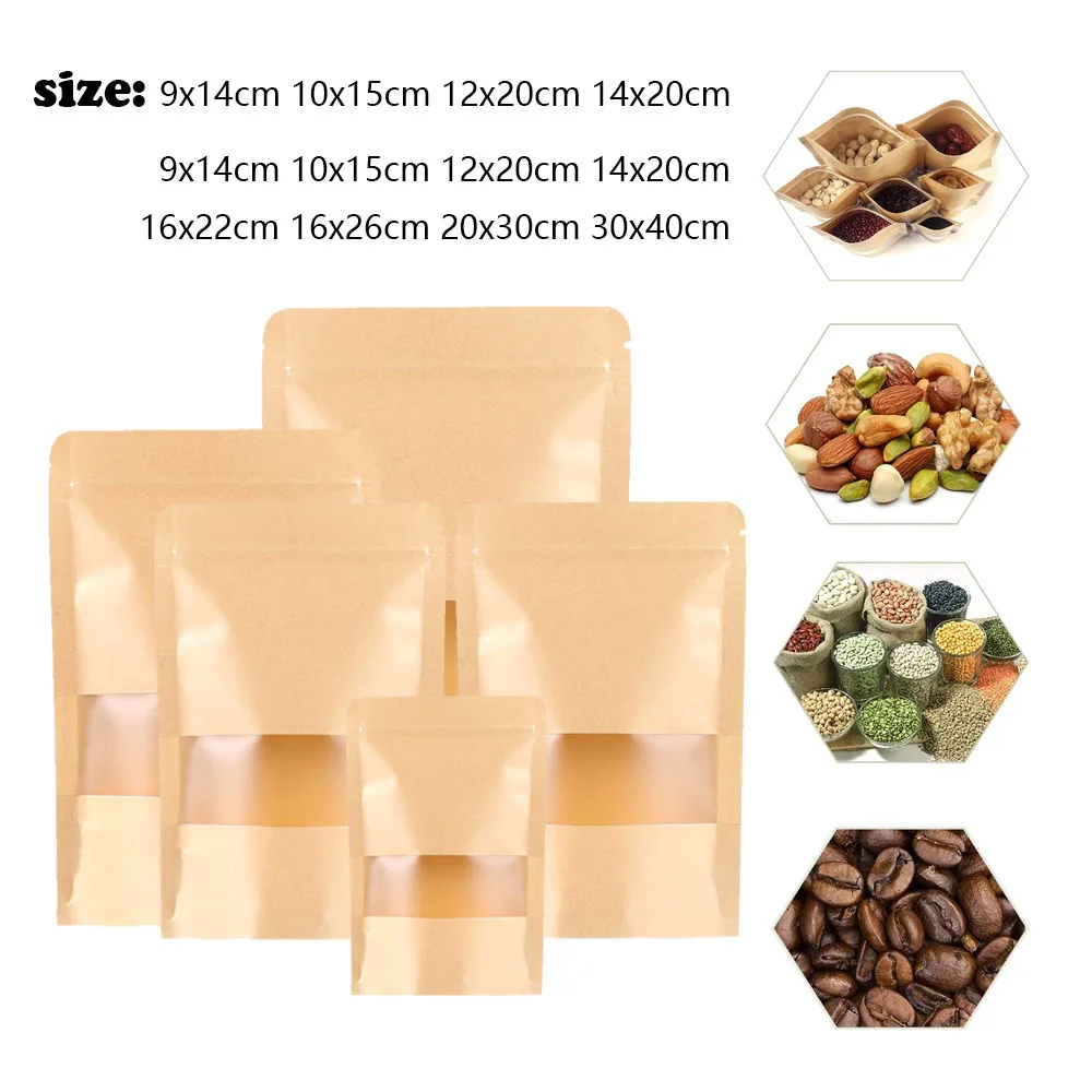 Brauner, einseitiger, durchscheinender, wiederverschließbarer Kunststofffenster-Kraftpapierbeutel mit flachem Boden und Reißverschluss für Snacks, Kaffee, duftender Tee, Geschenktüte