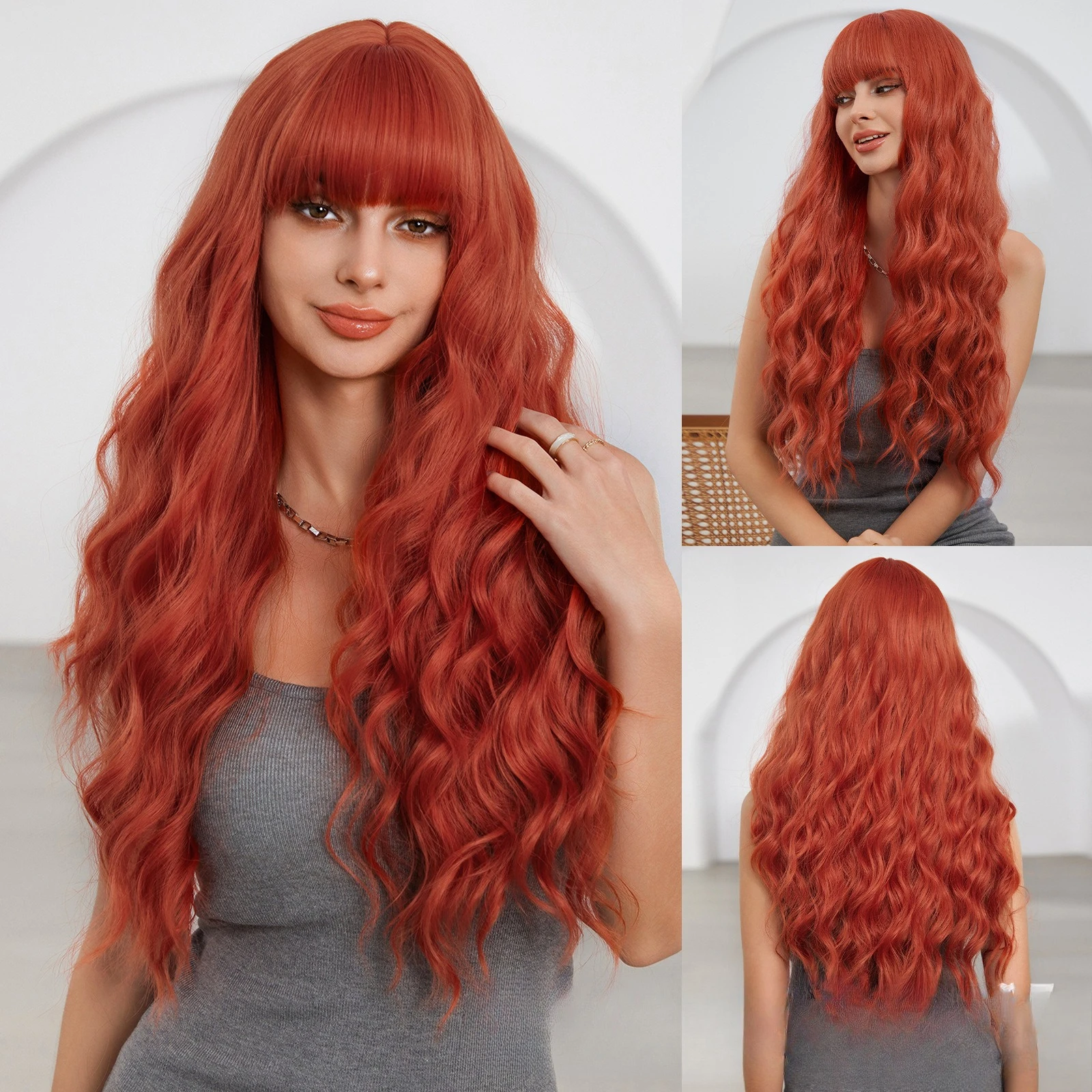 

New holiday orange wig with bangs, big waves, waist length, curly hair, full hood wigs.