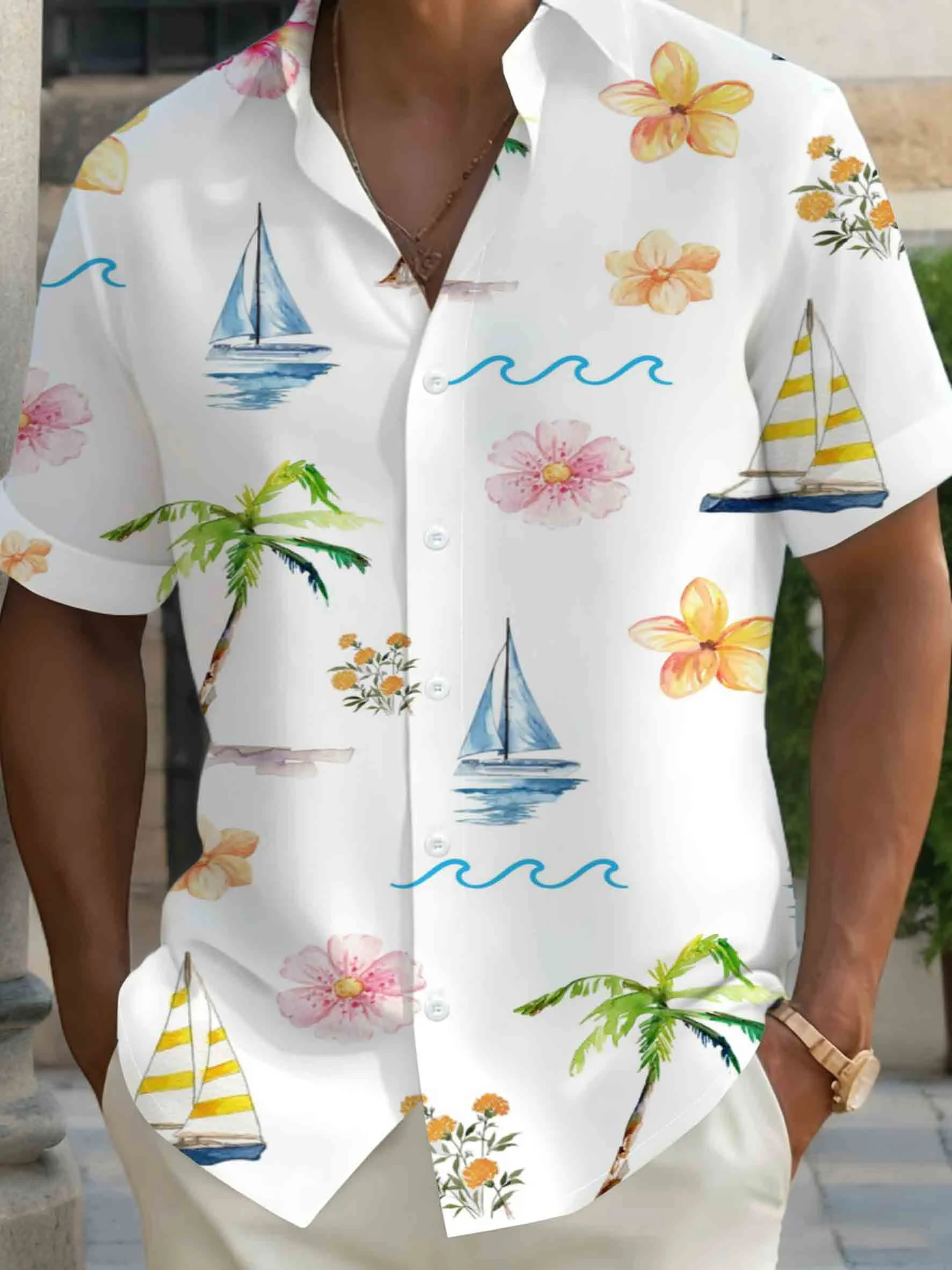 

Men Watercolor Plumeria Sailboat Wave Fresh Vacation Collar Short Sleeve Shirt