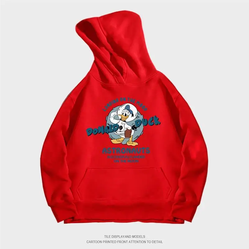 Sudadera con capucha roja del Pato Donald para hombre y mujer, sudadera de algodón de invierno 2025, traje de astronauta, casco azul, texto de aterrizaje en la Luna, taza de sujeción ondulada