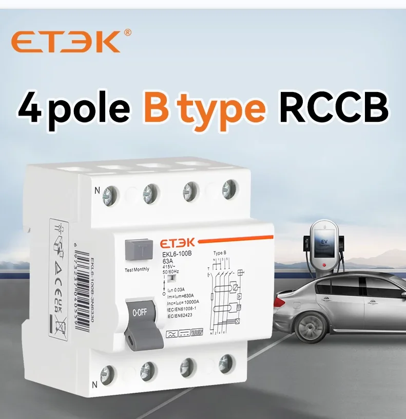 ETEK EKL6-100B TUV dopuszczenie CE 10KA 3P + N 40A 30mA typ B RCCB RCD ELCB