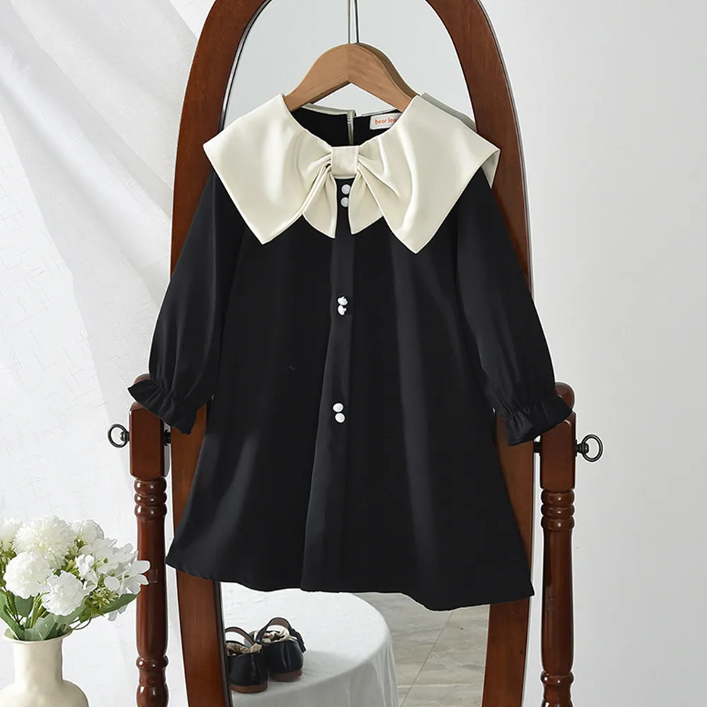 Primavera otoño nuevas niñas lindo arco cuello vuelto vestido Casual de manga larga 1 pieza 3-7 años niños moda Casual ropa suelta