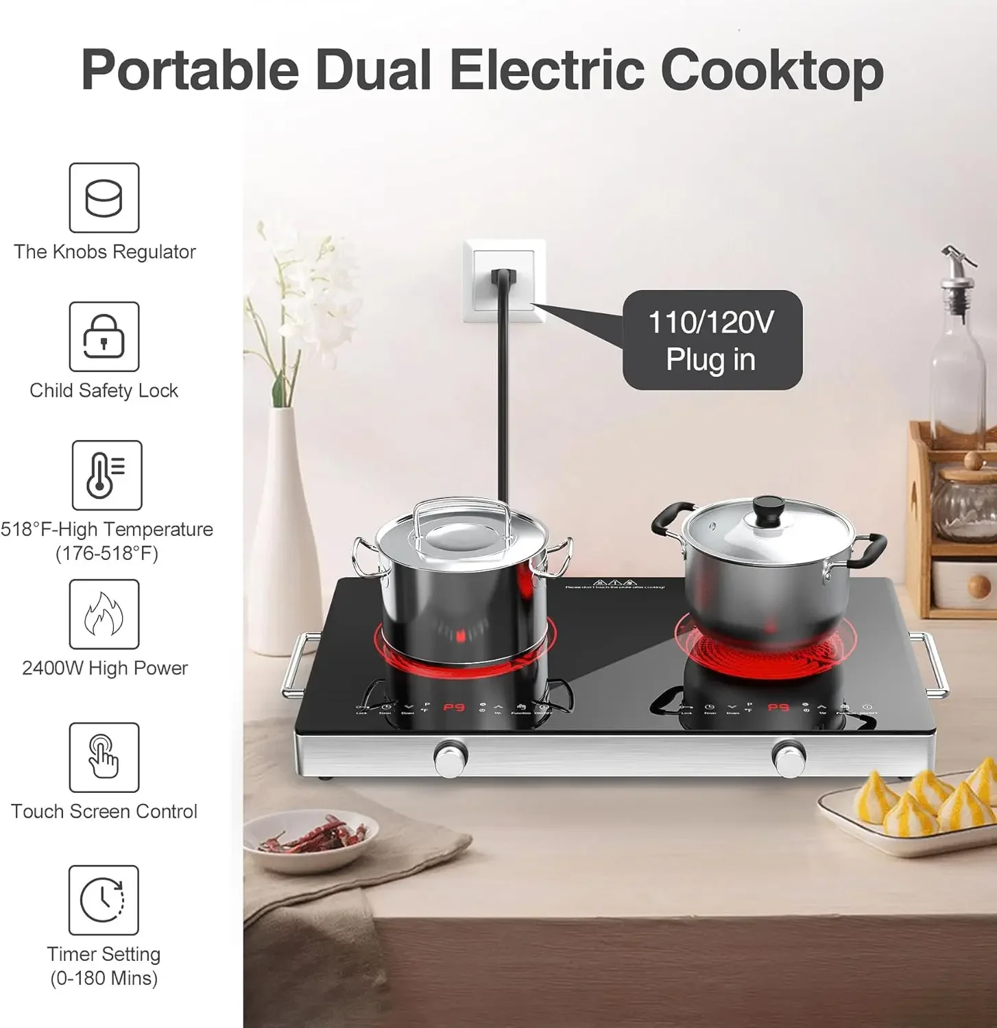 موقد كهربائي مع تحكم في المقبض، 9 مستويات طاقة، قفل ومؤقت للأطفال، تحكم باللمس LED، ارتفاع درجة الحرارة