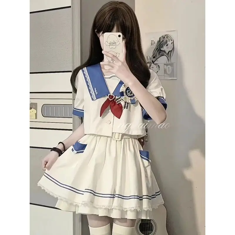 Japan Kawaii Two Piece Set Women Bow Cute Party Mini Skirt Suit Female Sweet Sailor Collar Blouse ＋ Lolita Striped Cake Skirt