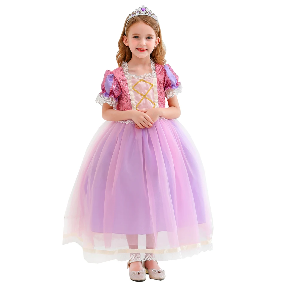 Girl Rapunzel Dress Kids Carnival Princess Costume Children Luxury Print Ball Gown Lace Sequin Gradient Fluffy Frocks