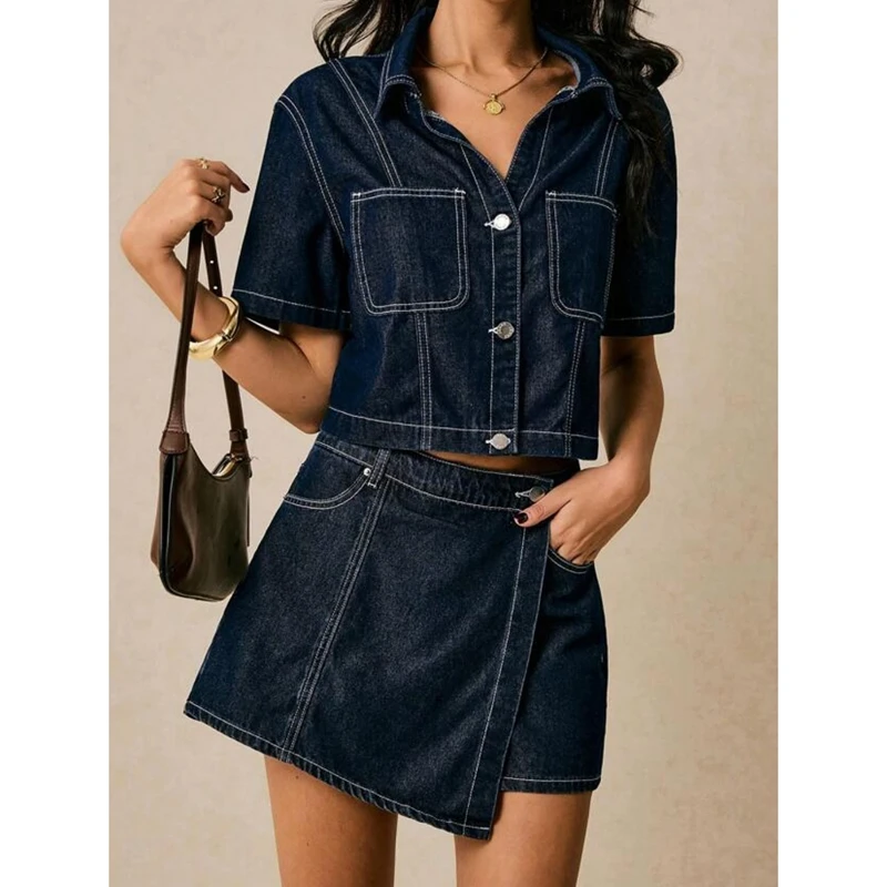 Feminino verão 2 peças y2k retro denim outfits conjunto lapela pescoço lapela botão para baixo camisa + assimétrico a linha saias de perna larga